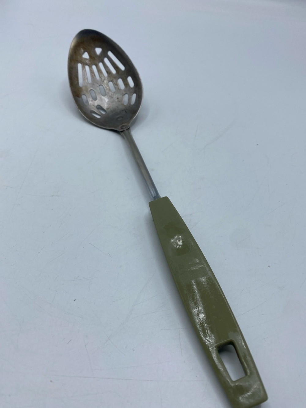 Vintage Ekco Slotted Spoon Utensil 12” Chromium Avocado Handled Metal 1970